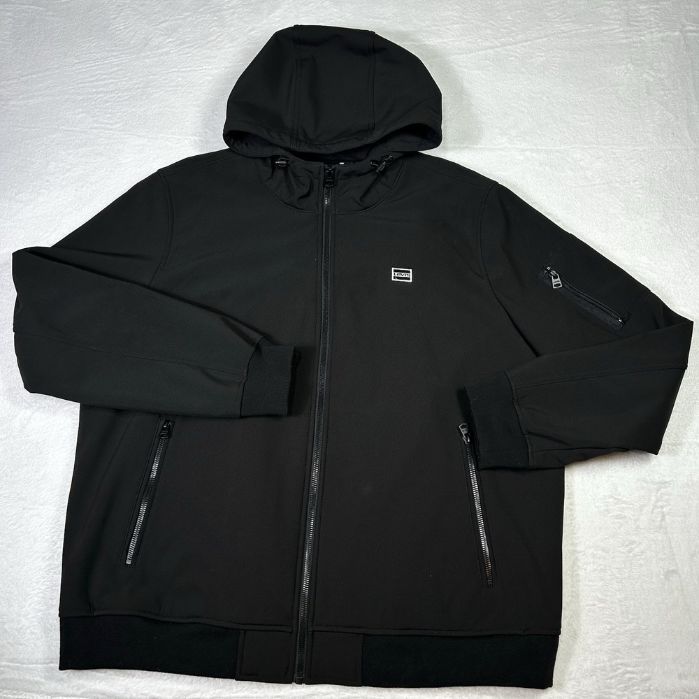 Levis Jacket Mens 2XL Black‎ Hoodie Fleece Lined Soft Shell Logo Rain Resistant